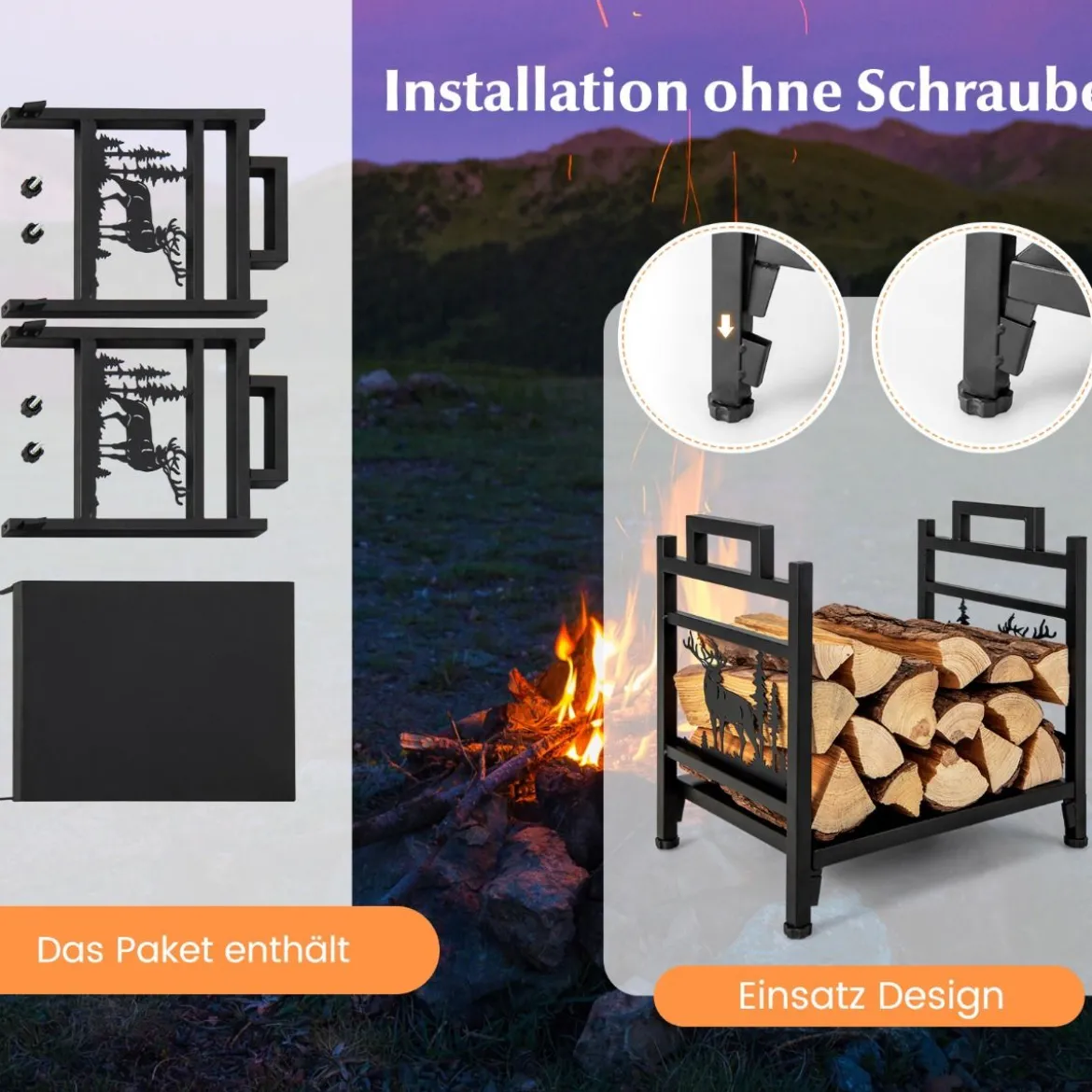 46 x 34 x 45 cm Kaminholzregal Kaminholzständer aus Metall mit Griffen & verstellbaren Fußpolstern Schwarz