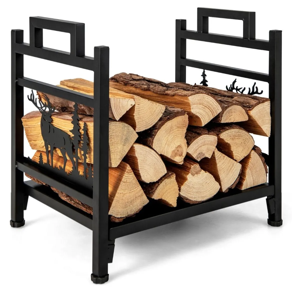 46 x 34 x 45 cm Kaminholzregal Kaminholzständer aus Metall mit Griffen & verstellbaren Fußpolstern Schwarz