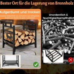 46 x 34 x 45 cm Kaminholzregal Kaminholzständer aus Metall mit Griffen & verstellbaren Fußpolstern Schwarz