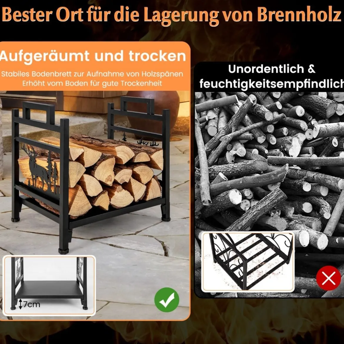 46 x 34 x 45 cm Kaminholzregal Kaminholzständer aus Metall mit Griffen & verstellbaren Fußpolstern Schwarz