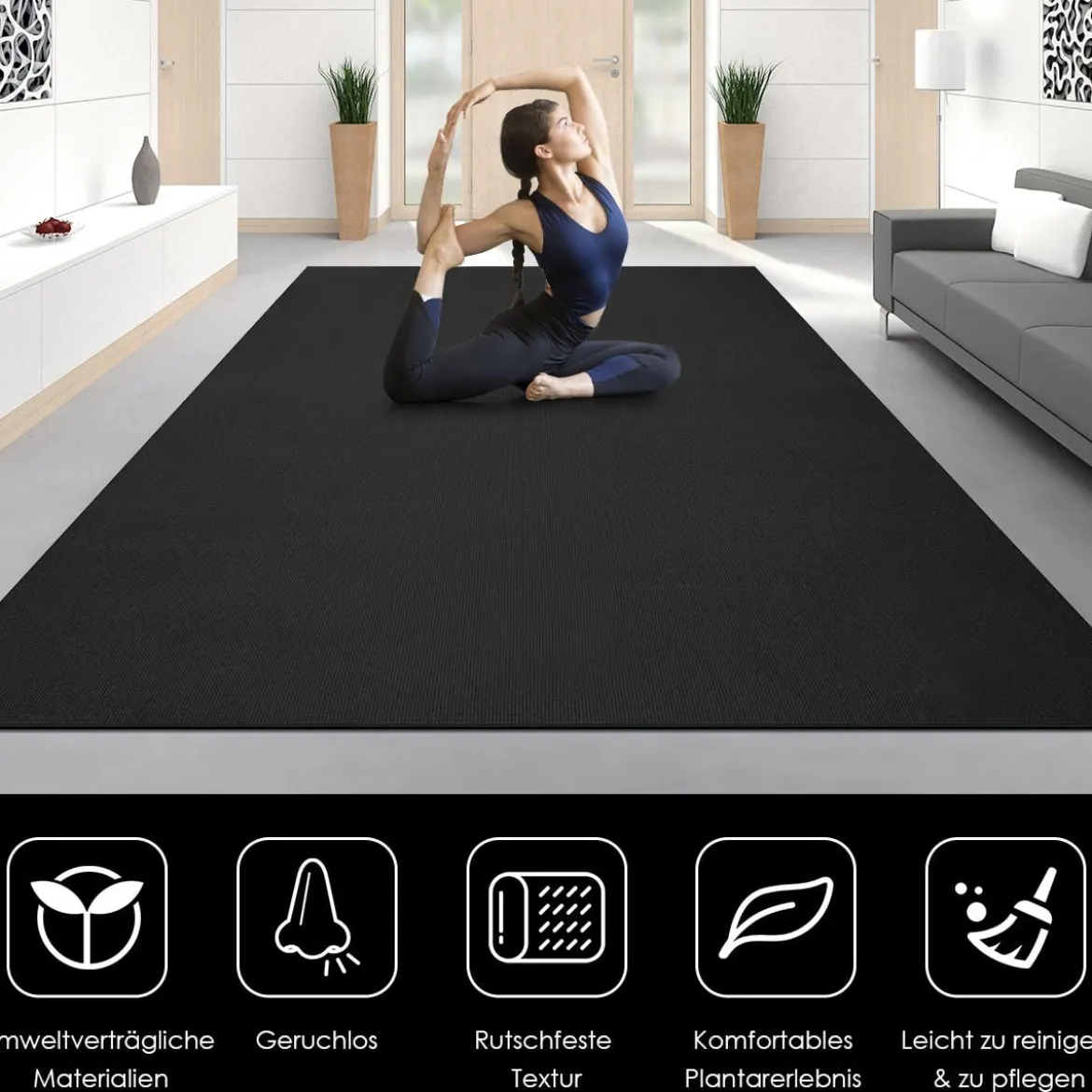 Yogamatte mit doppelseitigem rutschfestem Design & 2 verstellbaren Klettbändern Schwarz