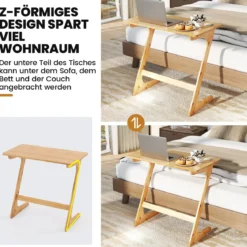 Z-förmiger Beistelltisch Sofatisch aus Bambus Platzsparender Kaffeetisch Nachttisch Couchtisch Natur