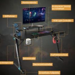 Z-förmig Gaming Tisch Computertisch PC Tisch Schreibtisch mit Licht