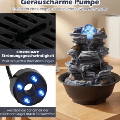 Zimmerbrunnen Wasserfall Tischbrunnen mit Steineffekt Farbigem LED-Licht & Leiser Pumpe 21,5 x 26 cm