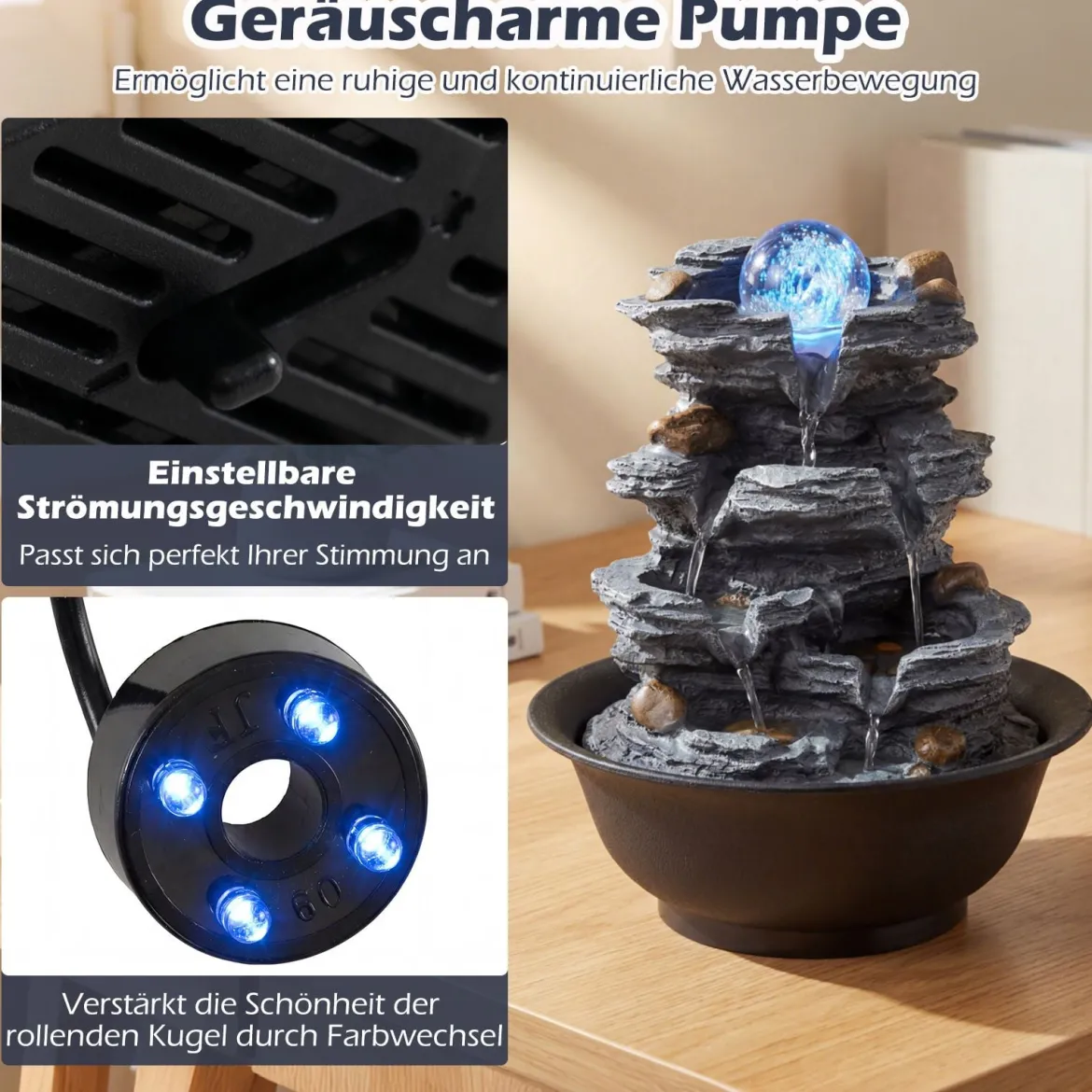 Zimmerbrunnen Wasserfall Tischbrunnen mit Steineffekt Farbigem LED-Licht & Leiser Pumpe 21,5 x 26 cm