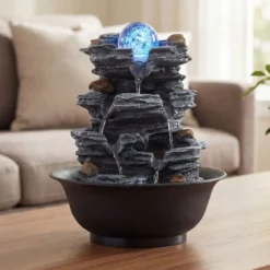 Zimmerbrunnen Wasserfall Tischbrunnen mit Steineffekt Farbigem LED-Licht & Leiser Pumpe 21,5 x 26 cm