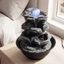 Zimmerbrunnen Wasserfall Tischbrunnen mit Steineffekt Farbigem LED-Licht & Leiser Pumpe 21,5 x 26 cm
