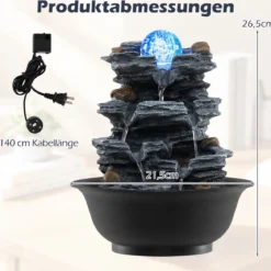 Zimmerbrunnen Wasserfall Tischbrunnen mit Steineffekt Farbigem LED-Licht & Leiser Pumpe 21,5 x 26 cm