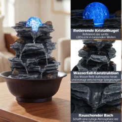 Zimmerbrunnen Wasserfall Tischbrunnen mit Steineffekt Farbigem LED-Licht & Leiser Pumpe 21,5 x 26 cm