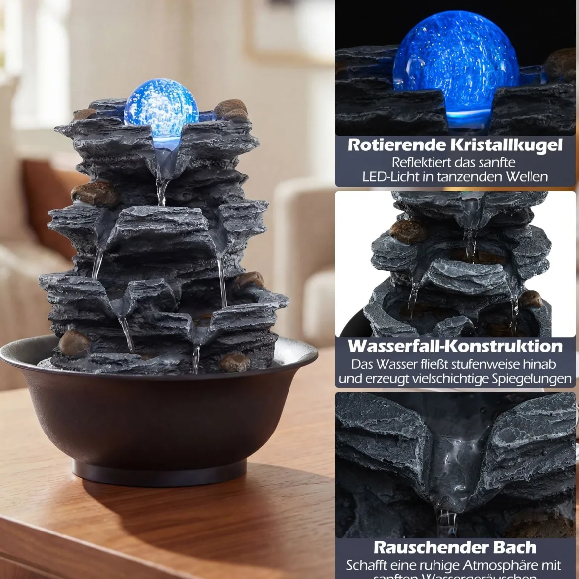Zimmerbrunnen Wasserfall Tischbrunnen mit Steineffekt Farbigem LED-Licht & Leiser Pumpe 21,5 x 26 cm