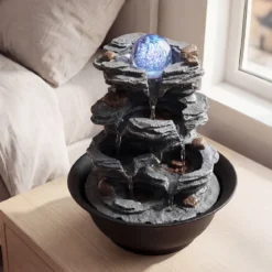 Zimmerbrunnen Wasserfall Tischbrunnen mit Steineffekt Farbigem LED-Licht & Leiser Pumpe 21,5 x 26 cm