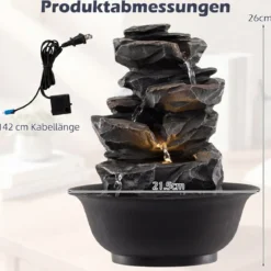 Zimmerbrunnen Wasserfall Tischbrunnen mit Steineffekt Farbigem LED-Licht Zen Wasserbrunnen 21,5 x 26 cm