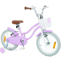 14/16 Zoll Kinderfahrrad mit Stützrädern & Korb Kinder Fahrrad mit Höhenverstellbarer Lenker & Sattel Rosa/Lila