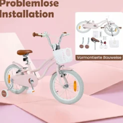 14/16 Zoll Kinderfahrrad mit Stützrädern & Korb Kinder Fahrrad mit Höhenverstellbarer Lenker & Sattel Rosa/Lila