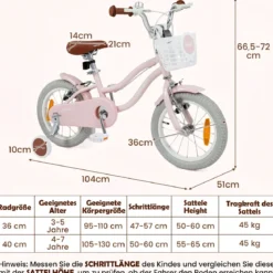 14/16 Zoll Kinderfahrrad mit Stützrädern & Korb Kinder Fahrrad mit Höhenverstellbarer Lenker & Sattel Rosa/Lila