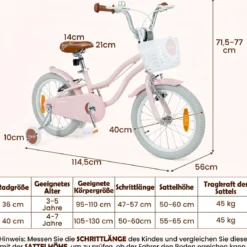 14/16 Zoll Kinderfahrrad mit Stützrädern & Korb Kinder Fahrrad mit Höhenverstellbarer Lenker & Sattel Rosa/Lila
