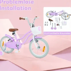 14/16 Zoll Kinderfahrrad mit Stützrädern & Korb Kinder Fahrrad mit Höhenverstellbarer Lenker & Sattel Rosa/Lila
