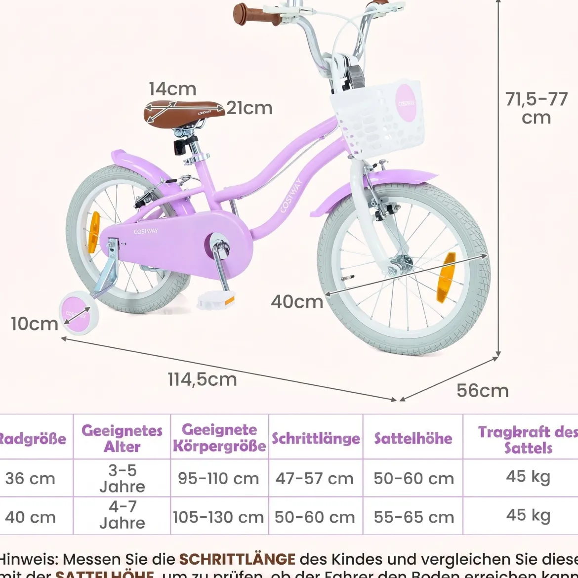 14/16 Zoll Kinderfahrrad mit Stützrädern & Korb Kinder Fahrrad mit Höhenverstellbarer Lenker & Sattel Rosa/Lila