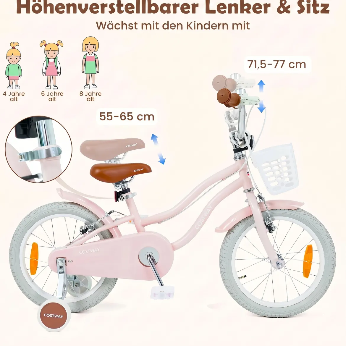 14/16 Zoll Kinderfahrrad mit Stützrädern & Korb Kinder Fahrrad mit Höhenverstellbarer Lenker & Sattel Rosa/Lila