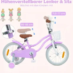 14/16 Zoll Kinderfahrrad mit Stützrädern & Korb Kinder Fahrrad mit Höhenverstellbarer Lenker & Sattel Rosa/Lila