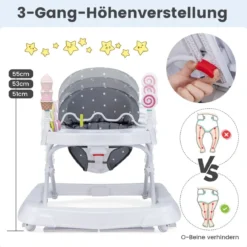 Zusammenklappbarer Lauflernwagen mit Rädern 3-stufig Höhenverstellbar & Abnehmbares Weiches Sitzkissen Grau