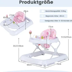 Zusammenklappbarer Lauflernwagen mit Rädern 3-stufig Höhenverstellbar & Abnehmbares Weiches Sitzkissen Rosa