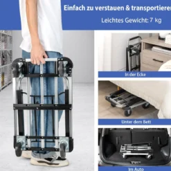 Zusammenklappbarer Sackkarren mit 4 Rädern höhenverstellbar & mit ausziehbarer Platte 150 Kg Ladekapazität