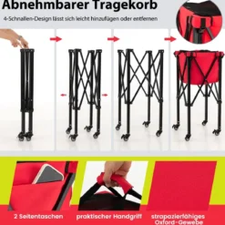 Zusammenklappbarer Tennisballwagen mit Rädern abnehmbarer Tasche Seitentaschen & Tragetasche tragbarer Ballwagen für 150 Tennisbälle Rot