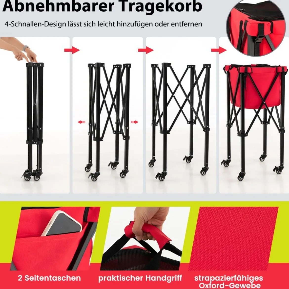 Zusammenklappbarer Tennisballwagen mit Rädern abnehmbarer Tasche Seitentaschen & Tragetasche tragbarer Ballwagen für 150 Tennisbälle Rot