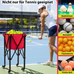 Zusammenklappbarer Tennisballwagen mit Rädern abnehmbarer Tasche Seitentaschen & Tragetasche tragbarer Ballwagen für 150 Tennisbälle Rot