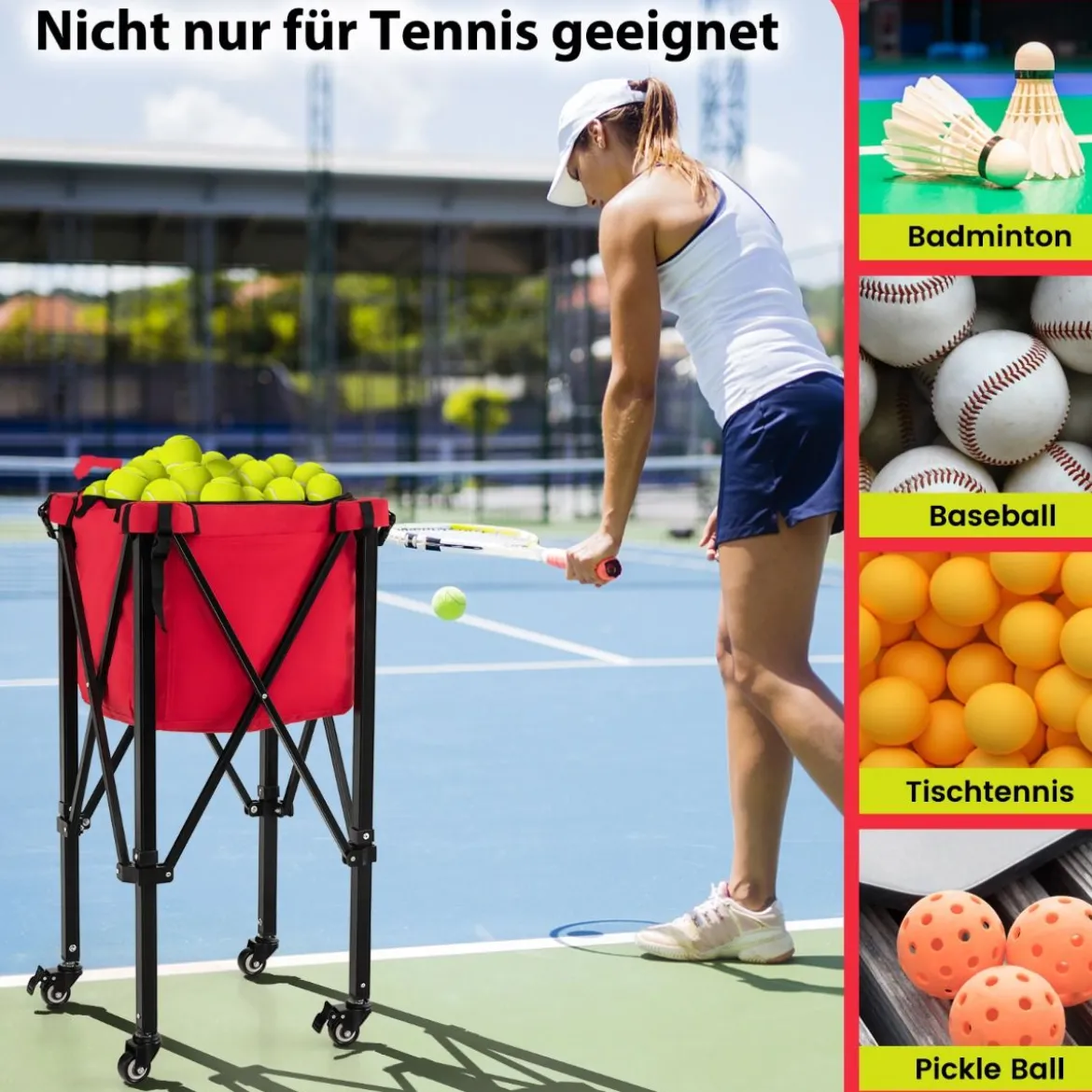 Zusammenklappbarer Tennisballwagen mit Rädern abnehmbarer Tasche Seitentaschen & Tragetasche tragbarer Ballwagen für 150 Tennisbälle Rot