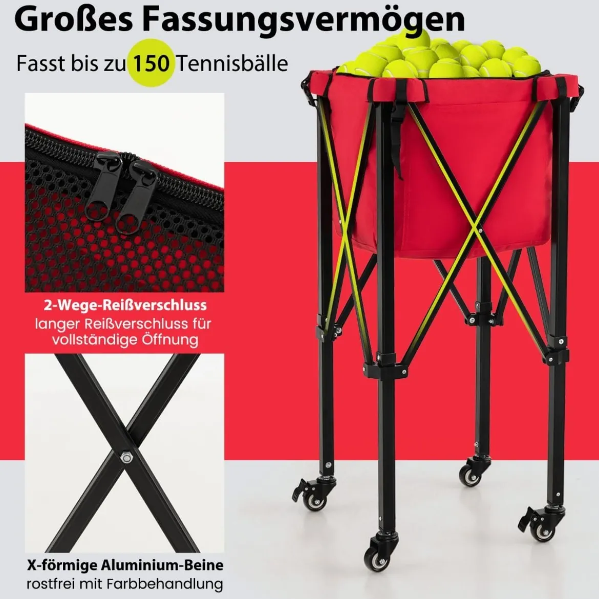 Zusammenklappbarer Tennisballwagen mit Rädern abnehmbarer Tasche Seitentaschen & Tragetasche tragbarer Ballwagen für 150 Tennisbälle Rot
