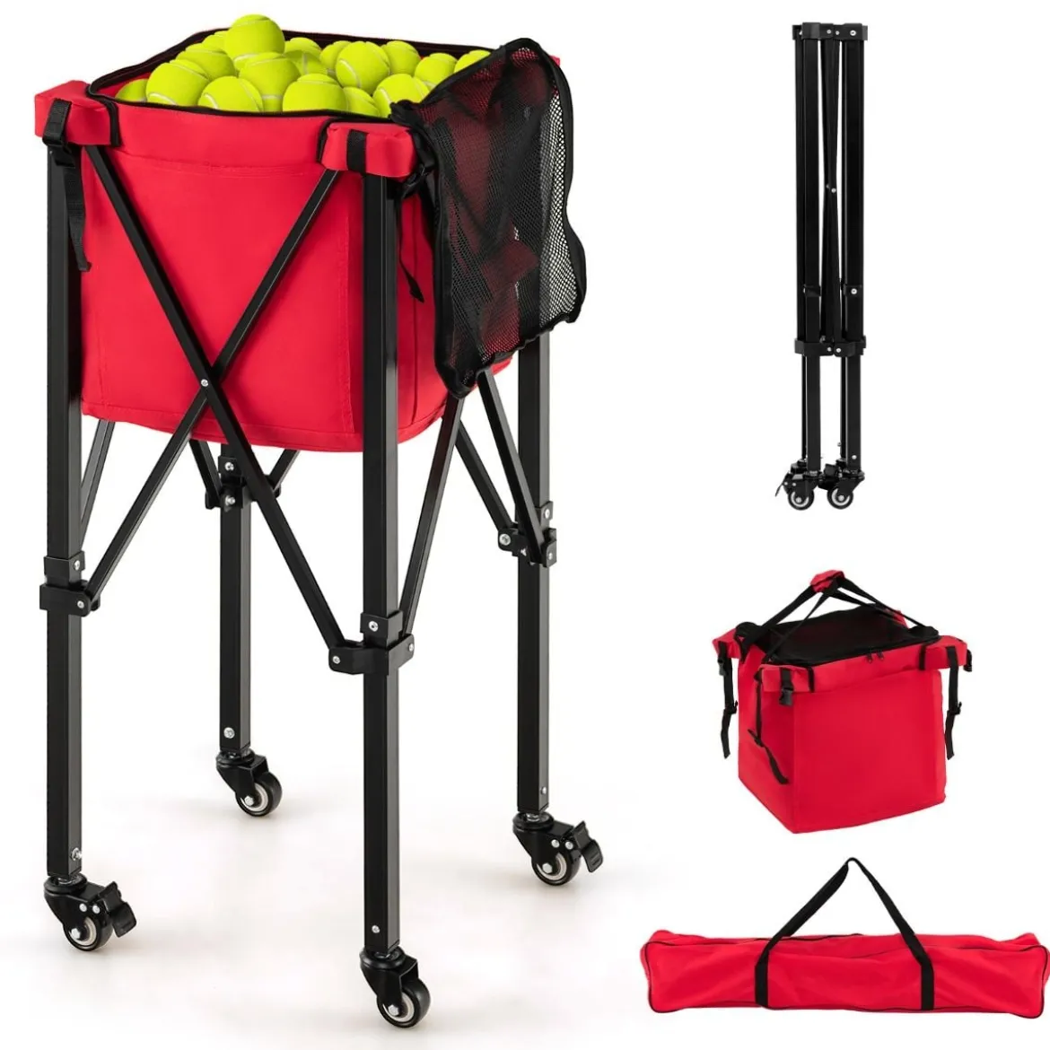 Zusammenklappbarer Tennisballwagen mit Rädern abnehmbarer Tasche Seitentaschen & Tragetasche tragbarer Ballwagen für 150 Tennisbälle Rot