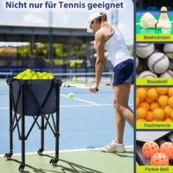 Zusammenklappbarer Tennisballwagen mit Rädern abnehmbarer Tasche Seitentaschen & Tragetasche tragbarer Ballwagen für 150 Tennisbälle Blau