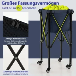 Zusammenklappbarer Tennisballwagen mit Rädern abnehmbarer Tasche Seitentaschen & Tragetasche tragbarer Ballwagen für 150 Tennisbälle Blau