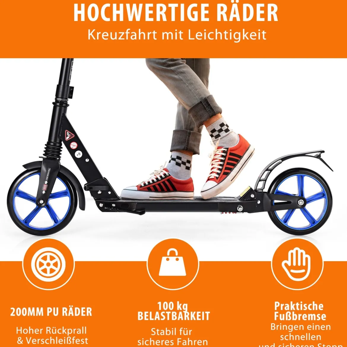 Zusammenklappbarer Trittroller ABEC7-LagerScooter mit zwei großen Rädern Tretroller 3 Höhen verstellbar Schwarz und blaue Räder