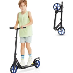 Zusammenklappbarer Trittroller ABEC7-LagerScooter mit zwei großen Rädern Tretroller 3 Höhen verstellbar Schwarz und blaue Räder