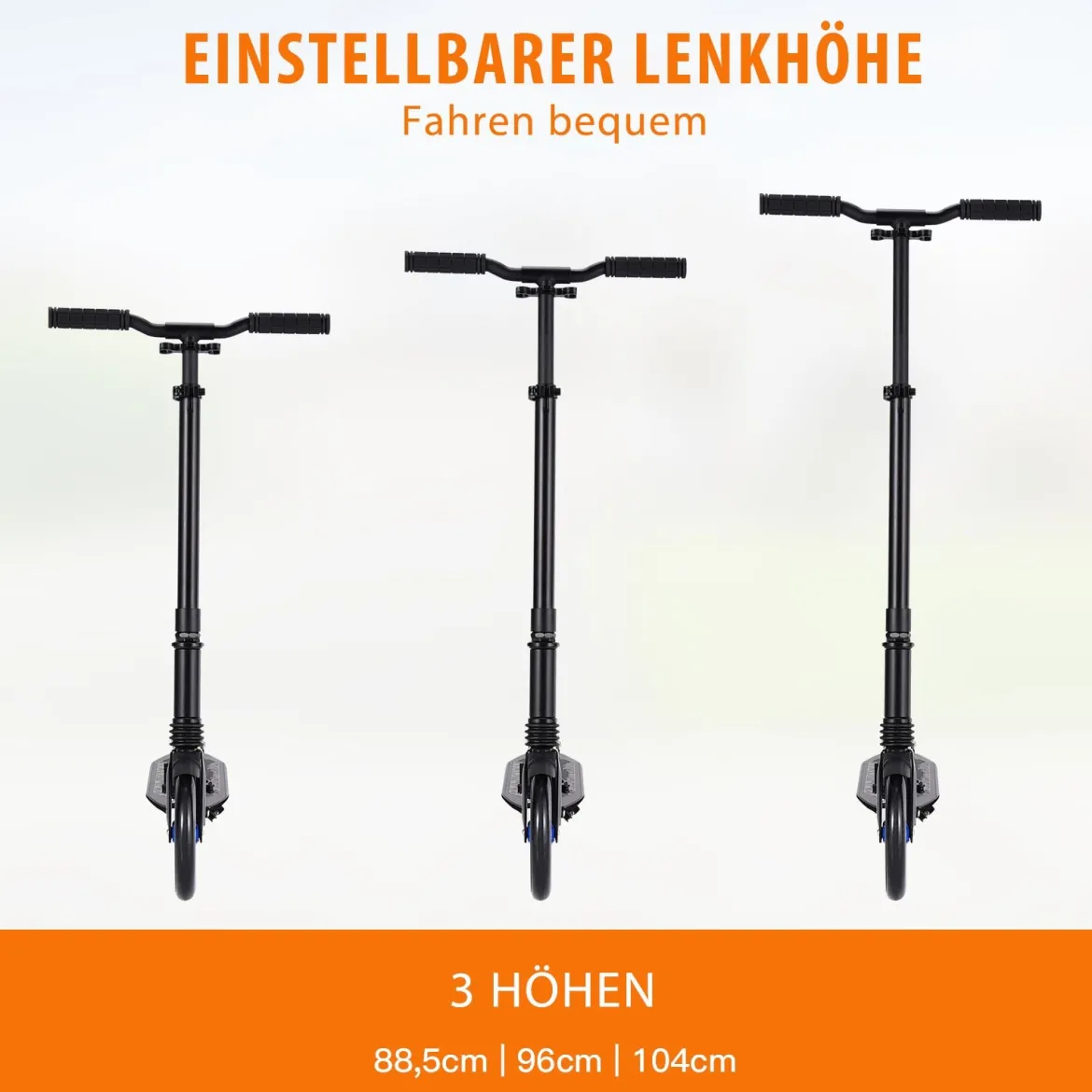 Zusammenklappbarer Trittroller ABEC7-LagerScooter mit zwei großen Rädern Tretroller 3 Höhen verstellbar Schwarz und blaue Räder