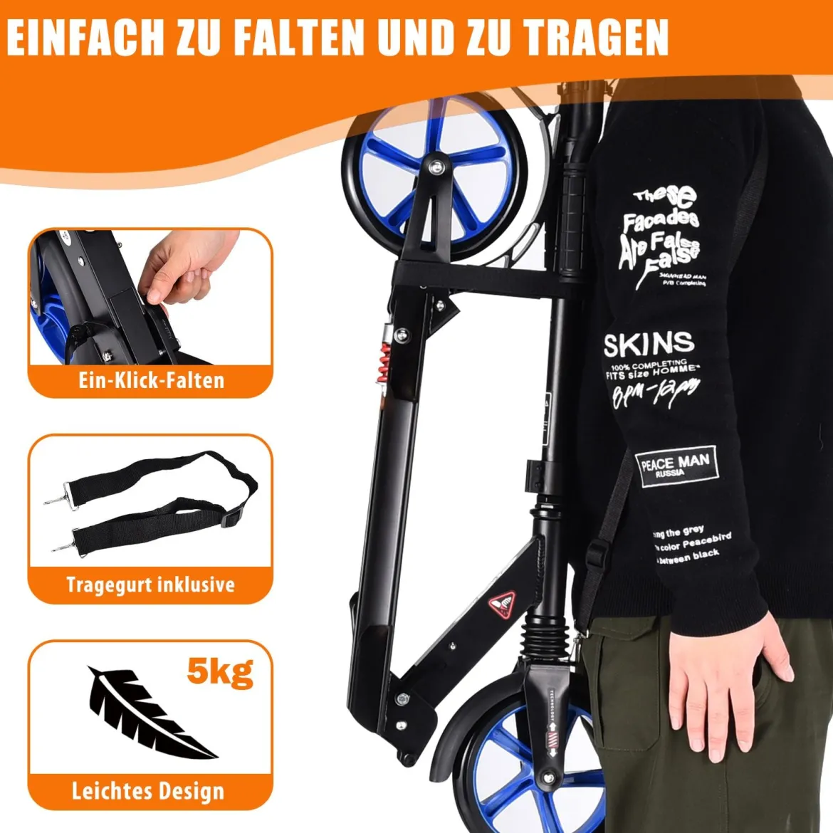 Zusammenklappbarer Trittroller ABEC7-LagerScooter mit zwei großen Rädern Tretroller 3 Höhen verstellbar Schwarz und blaue Räder