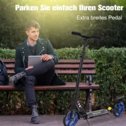 Zusammenklappbarer Trittroller ABEC7-LagerScooter mit zwei großen Rädern Tretroller 3 Höhen verstellbar Schwarz und blaue Räder