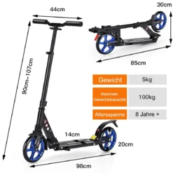 Zusammenklappbarer Trittroller ABEC7-LagerScooter mit zwei großen Rädern Tretroller 3 Höhen verstellbar Schwarz und blaue Räder