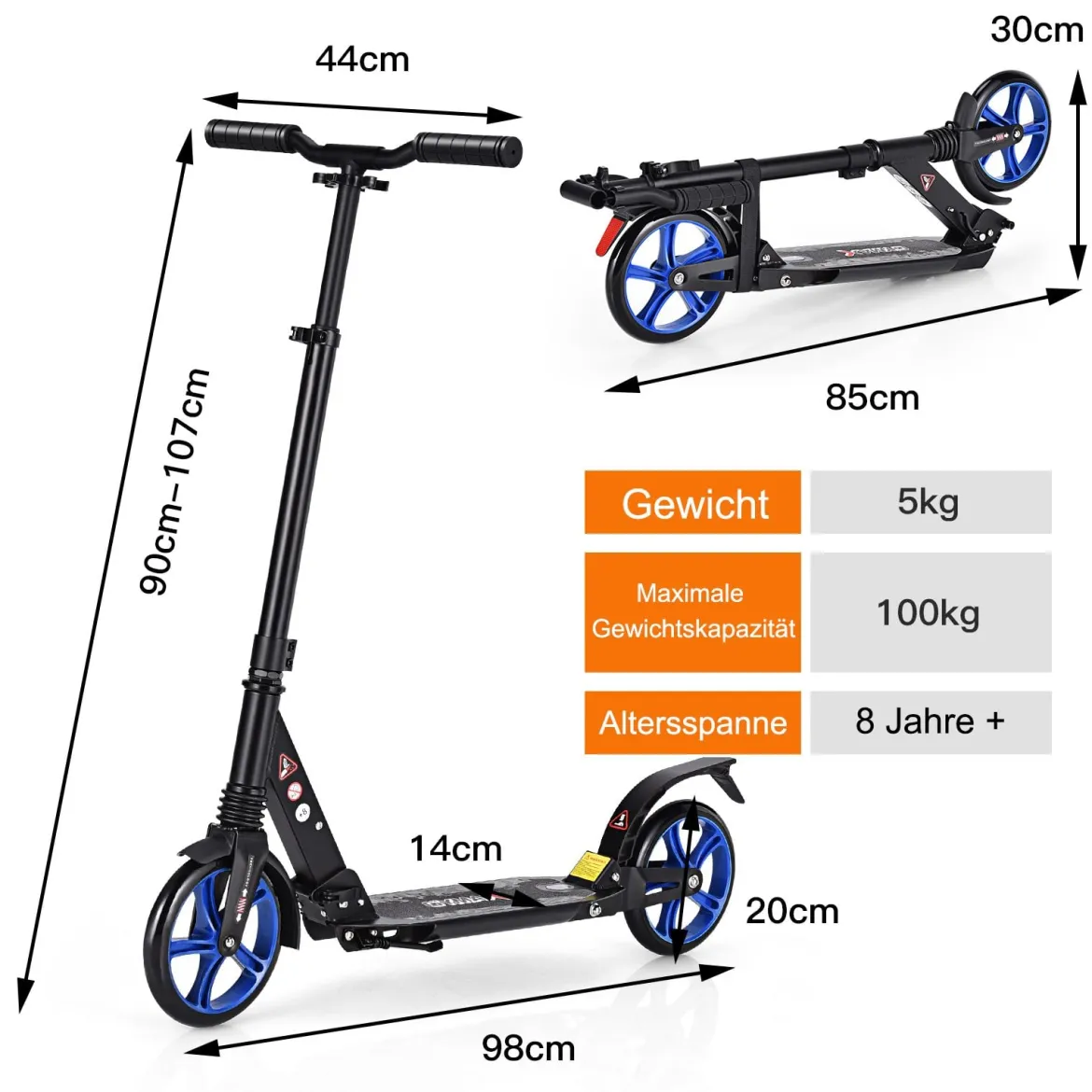 Zusammenklappbarer Trittroller ABEC7-LagerScooter mit zwei großen Rädern Tretroller 3 Höhen verstellbar Schwarz und blaue Räder