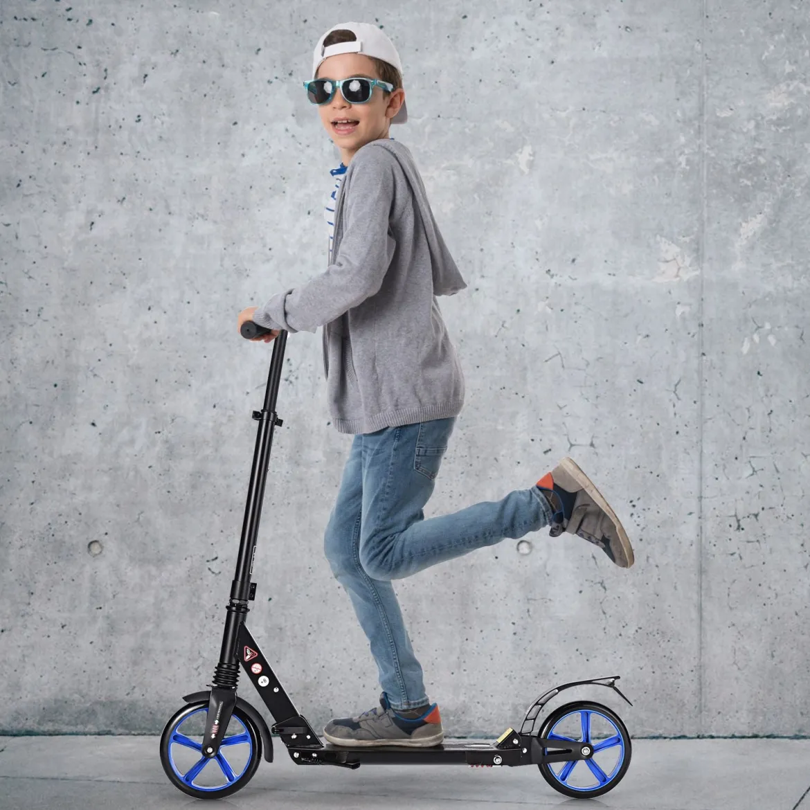 Zusammenklappbarer Trittroller ABEC7-LagerScooter mit zwei großen Rädern Tretroller 3 Höhen verstellbar Schwarz und blaue Räder