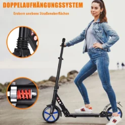 Zusammenklappbarer Trittroller ABEC7-LagerScooter mit zwei großen Rädern Tretroller 3 Höhen verstellbar Schwarz und blaue Räder