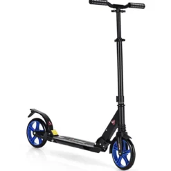 Zusammenklappbarer Trittroller ABEC7-LagerScooter mit zwei großen Rädern Tretroller 3 Höhen verstellbar Schwarz und blaue Räder