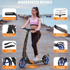 Zusammenklappbarer Trittroller ABEC7-LagerScooter mit zwei großen Rädern Tretroller 3 Höhen verstellbar Schwarz und blaue Räder