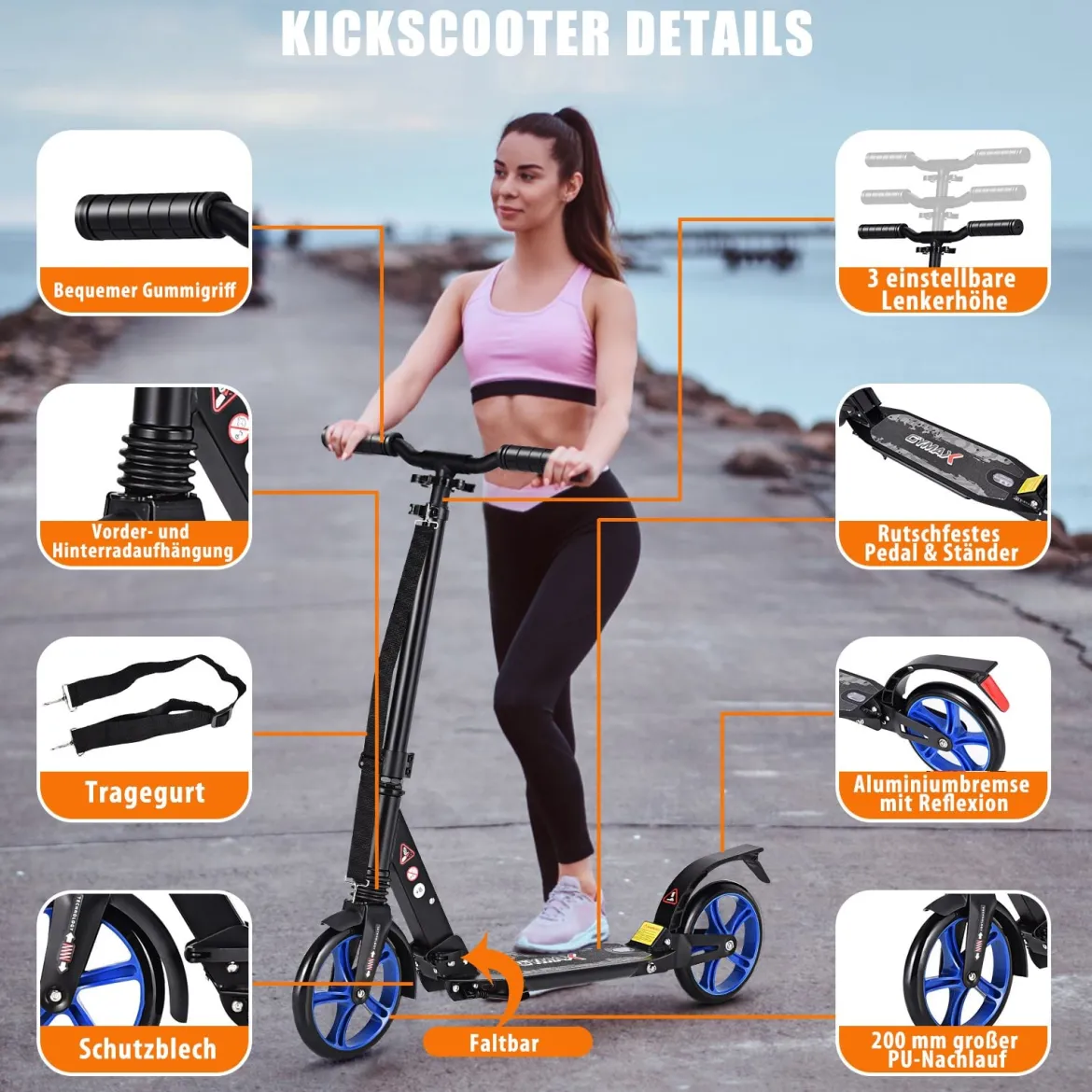 Zusammenklappbarer Trittroller ABEC7-LagerScooter mit zwei großen Rädern Tretroller 3 Höhen verstellbar Schwarz und blaue Räder