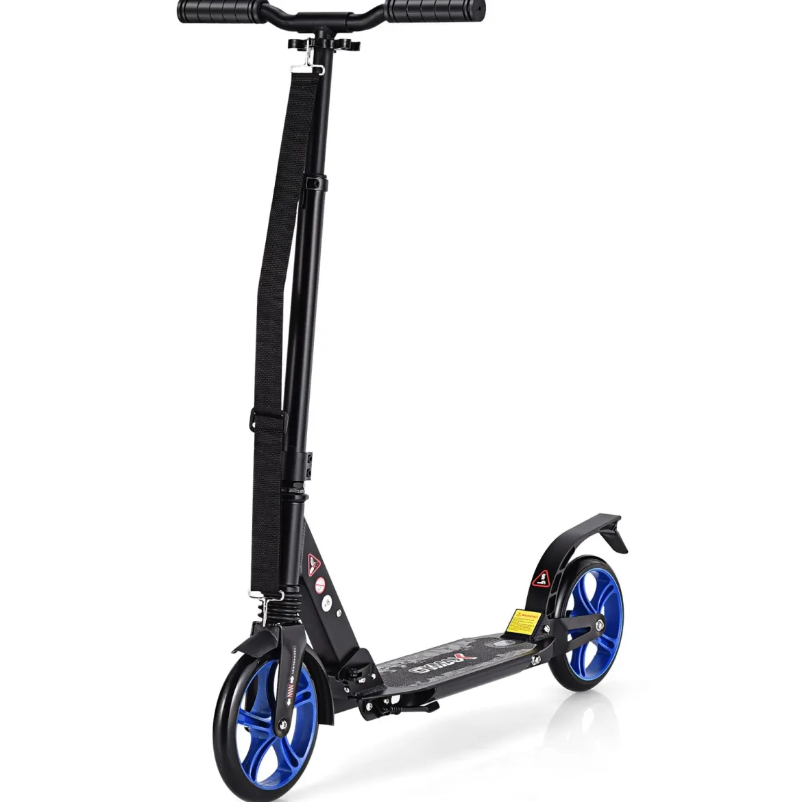 Zusammenklappbarer Trittroller ABEC7-LagerScooter mit zwei großen Rädern Tretroller 3 Höhen verstellbar Schwarz und blaue Räder