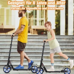 Zusammenklappbarer Trittroller ABEC7-LagerScooter mit zwei großen Rädern Tretroller 3 Höhen verstellbar Schwarz und blaue Räder