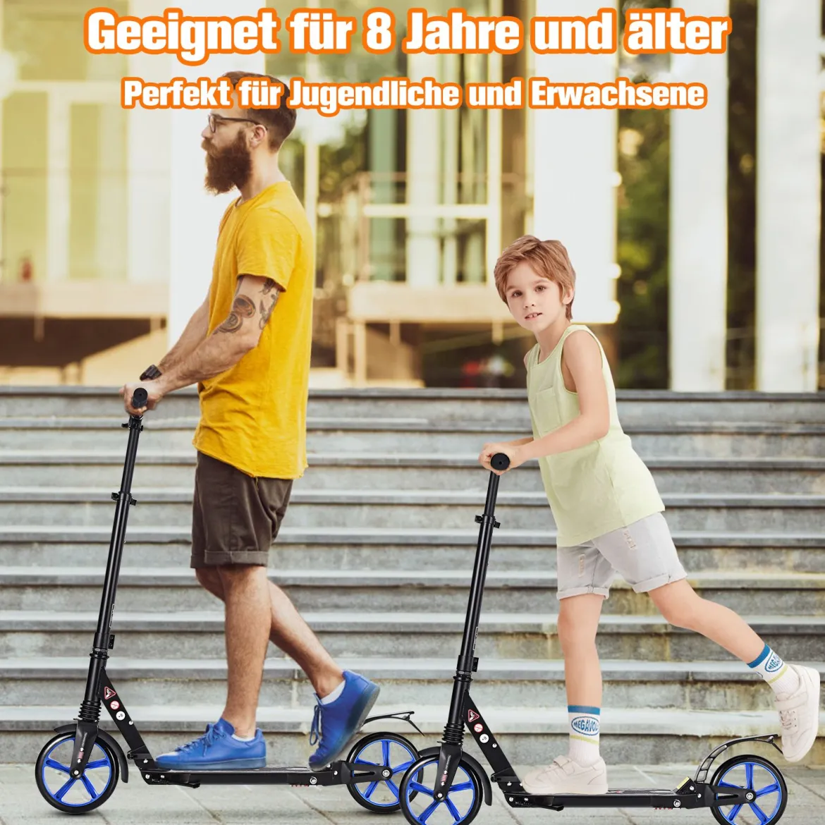 Zusammenklappbarer Trittroller ABEC7-LagerScooter mit zwei großen Rädern Tretroller 3 Höhen verstellbar Schwarz und blaue Räder
